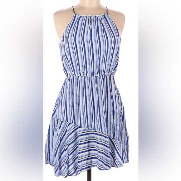 NWT Sequin Hearts, Blue & White Striped Ruffle Fit & Flare Dress Size Small - Picture 1 of 9
